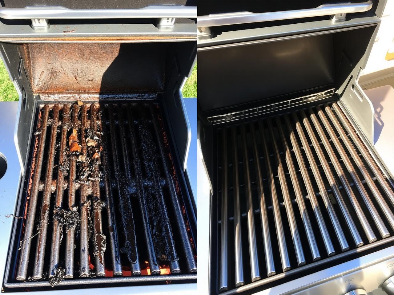 Before and after photo of a grill restoration: heavy grease buildup vs. clean bare metal grates